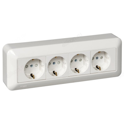 Розетка наружная 4-ая с/з, с защитными шторками SE Wessen Прима, 16А, монтажная пластина, белая