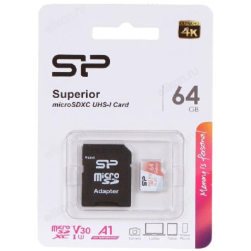 Карта MicroSD  64GB Silicon Power U3 V30+адаптер