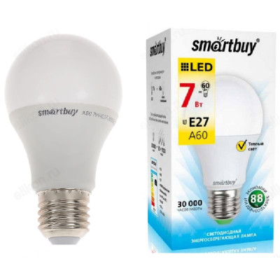 Лампа светодиодная LED E27 A60 7W 30K Smartbuy